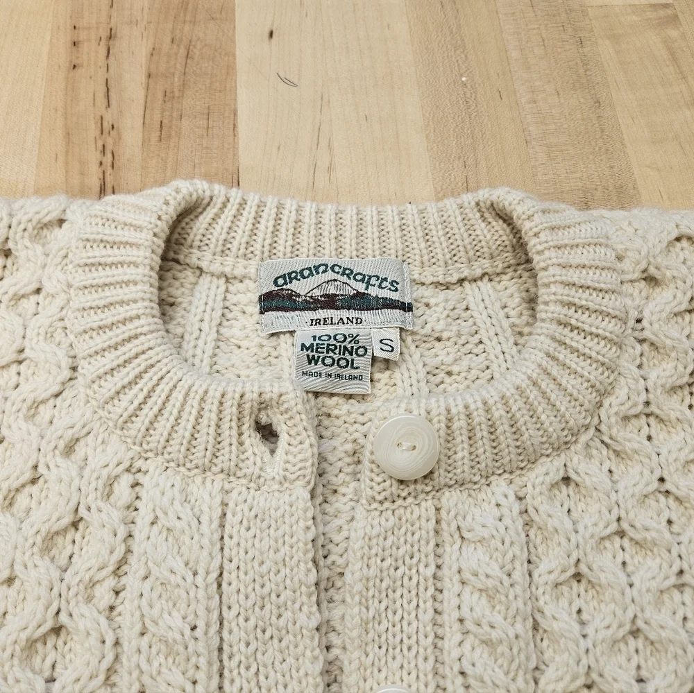 Vintage Aran Crafts Cable Knit Cream Cardigan Ireland Irish Fisherman Sweater  S